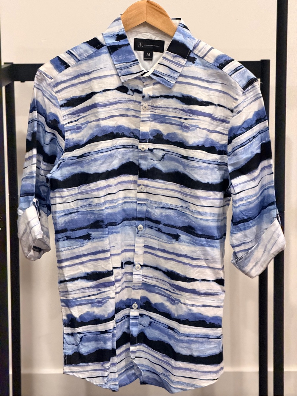 IC COLLECTION Men’s Blue Striped Button-Up Shirt - Medium